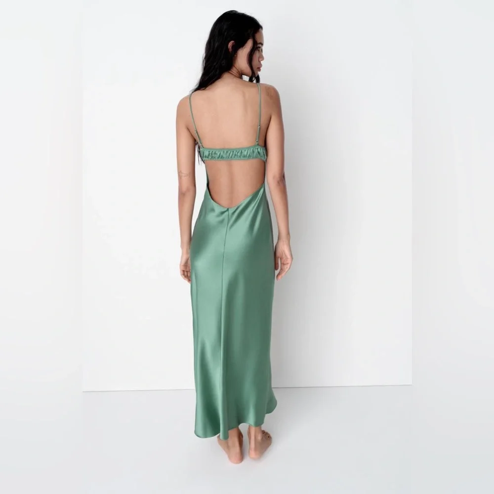 Zara Emerald Green Maxi Dress Satin Slip Wedding Evening Party - Picture 7 of 13